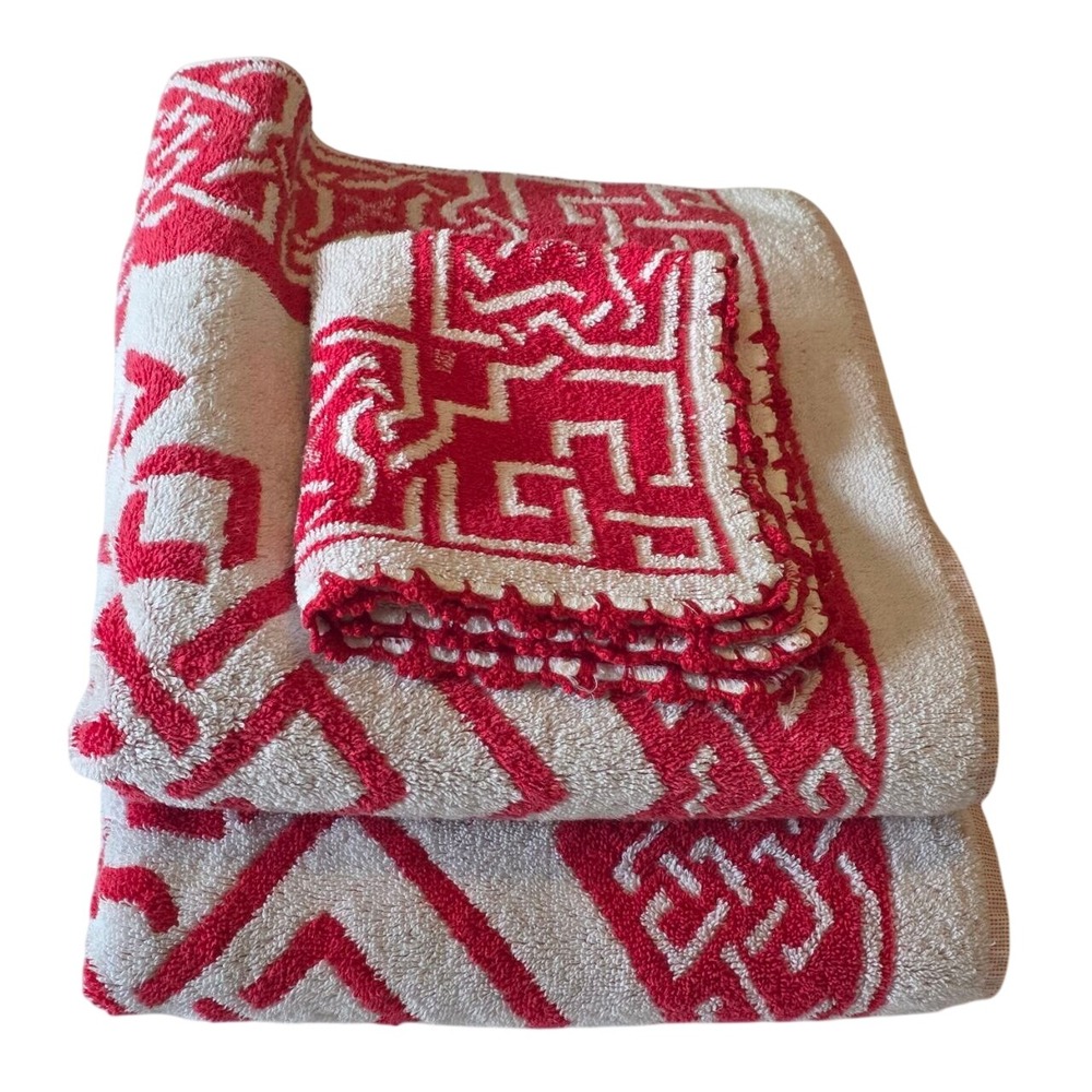 Montgomery Ward Style House Vintage Red White Geometric Towel Set 3pc 1960s/70s